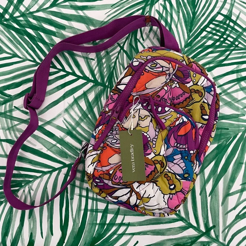 Vera Bradley Lorman Nylon Sling Backpack in Flutter Butterfly Purple
